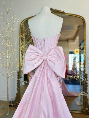 Sheath Straight Bow Sweep Train Satin Corset Prom Dress