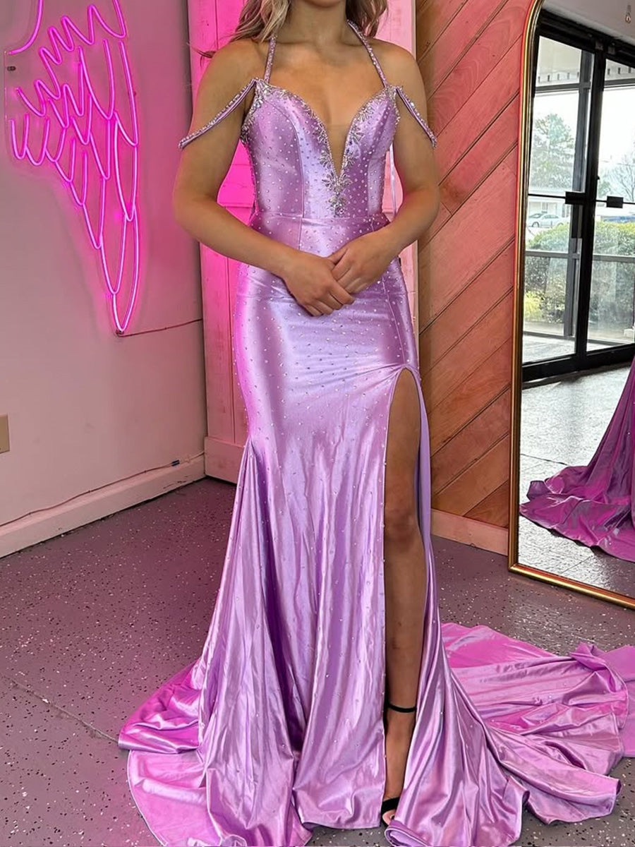 Sheath Halter Beading Court Train Prom Dress