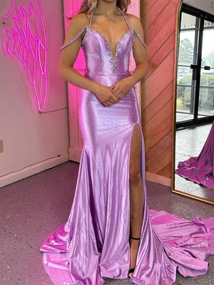Sheath Halter Beading Court Train Prom Dress