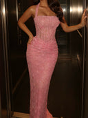 Sheath Halter Pleated Floor-Length Lace Corset Prom Dress