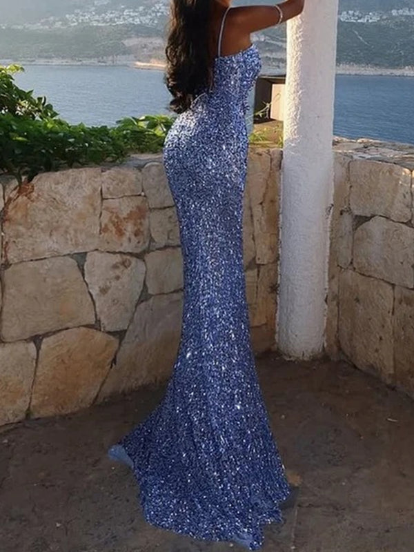 Sheath Spaghetti Straps Sequin Floor-Length Velvet Sequins Prom Dress