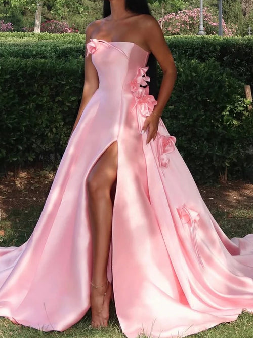 A-line Straight Flower Chapel Train Satin Corset Prom Dress