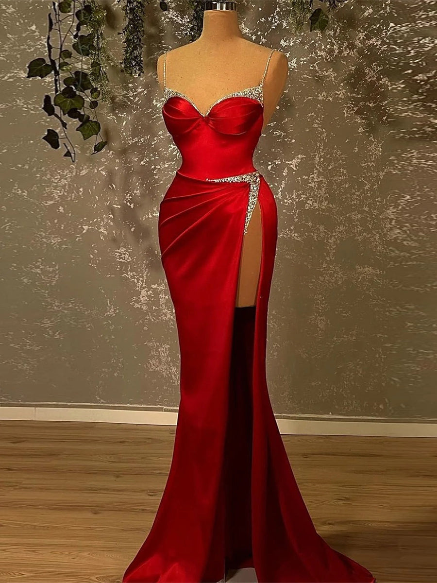 Sheath Sweetheart Rhinestone Sweep Train Satin Corset Prom Dress