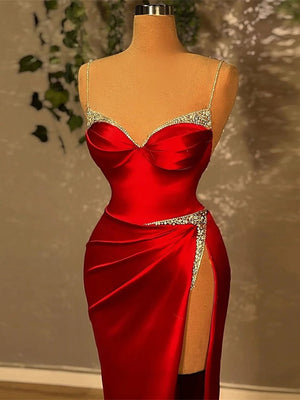 Sheath Sweetheart Rhinestone Sweep Train Satin Corset Prom Dress