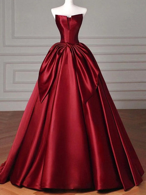 A-line Straight Ruffles Sweep Train Satin Corset Prom Dress