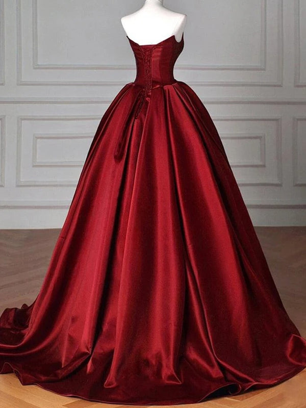 A-line Straight Ruffles Sweep Train Satin Corset Prom Dress
