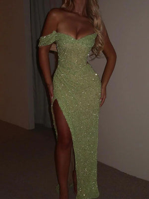 Sheath Off-the-Shoulder Sequin Floor-Length Prom Dress