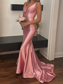 Sheath V-neck Pleated Sweep Train Corset Prom Dress