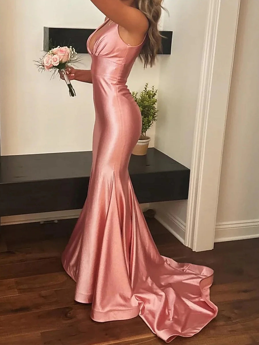 Sheath V-neck Pleated Sweep Train Corset Prom Dress