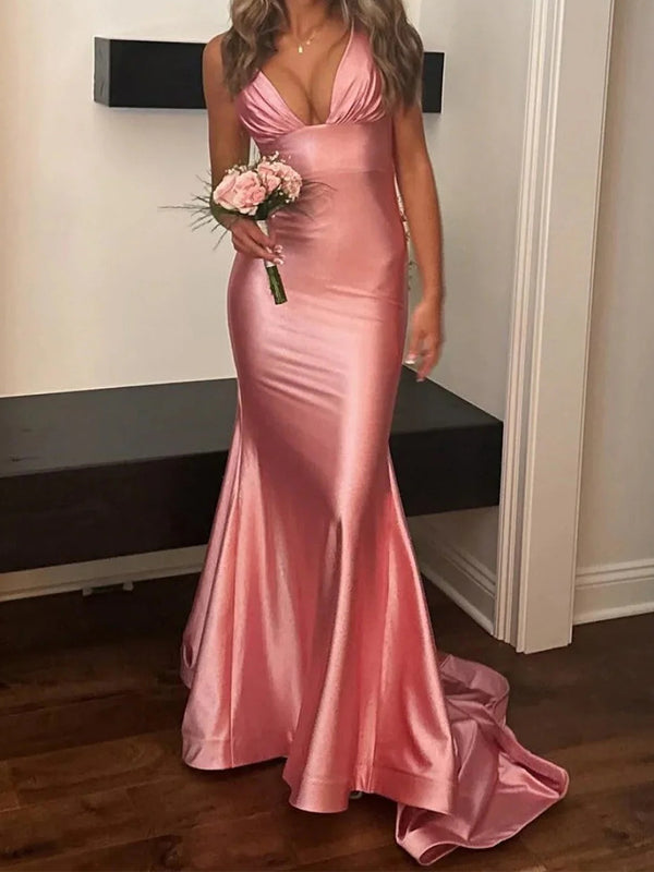 Sheath V-neck Pleated Sweep Train Corset Prom Dress