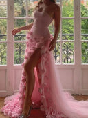 Sheath Straight Flower Chapel Train Stretch Crepe Prom Dress