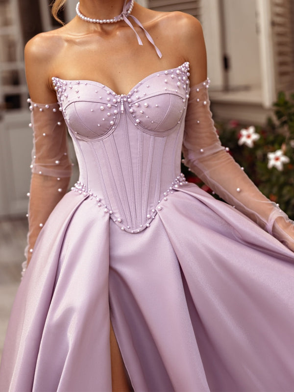 A-line Sweetheart Ruffles Chapel Train Satin Corset Prom Dress