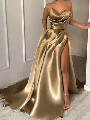 A-line Sweetheart Pleated Sweep Train Satin Corset Prom Dress