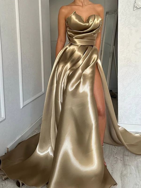 A-line Sweetheart Pleated Sweep Train Satin Corset Prom Dress