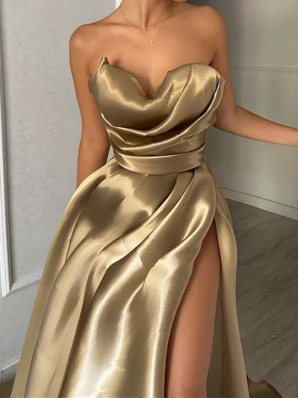 A-line Sweetheart Pleated Sweep Train Satin Corset Prom Dress