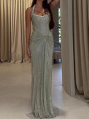 Sheath Halter Sequin Court Train Corset Prom Dress