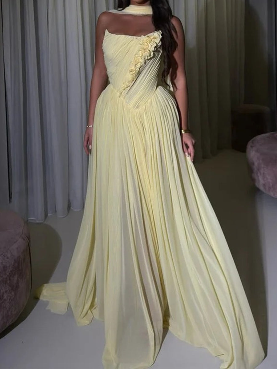 A-line Straight Flower Sweep Train Chiffon Corset Prom Dress