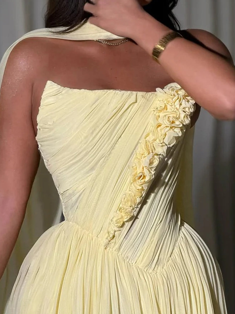 A-line Straight Flower Sweep Train Chiffon Corset Prom Dress