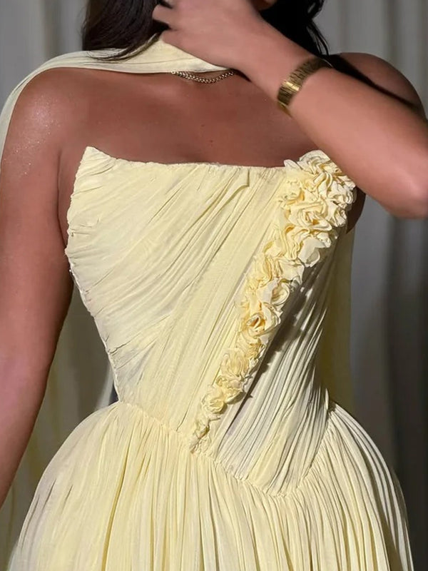 A-line Straight Flower Sweep Train Chiffon Corset Prom Dress