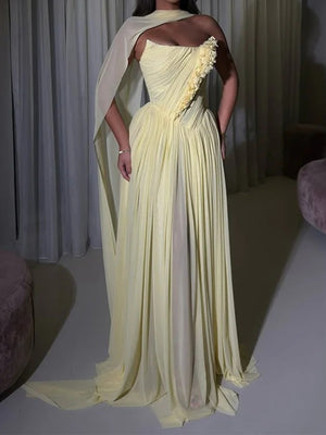 A-line Straight Flower Sweep Train Chiffon Corset Prom Dress
