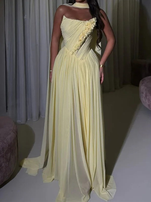 A-line Straight Flower Sweep Train Chiffon Corset Prom Dress