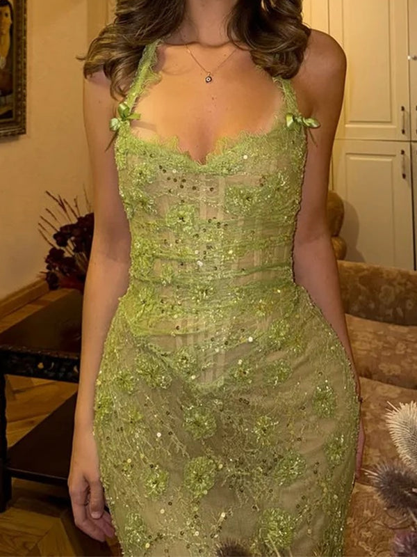 Sheath Halter Appliques Lace Floor-Length Tulle Corset Prom Dress