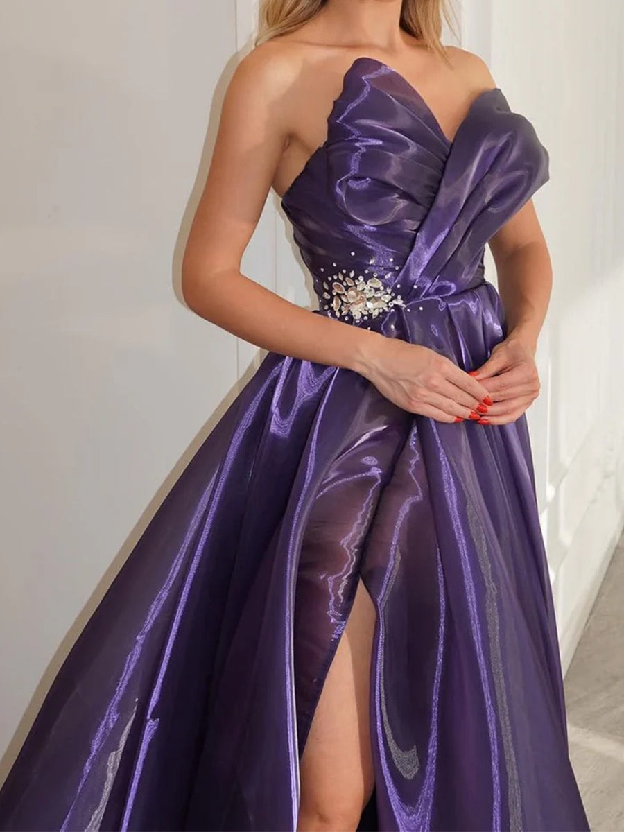 A-line Off-the-Shoulder Pleated Sweep Train Corset Prom Dress
