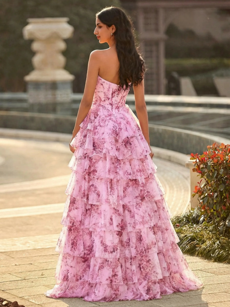 A-line Sweetheart Cascading Ruffles Sweep Train Prom Dress