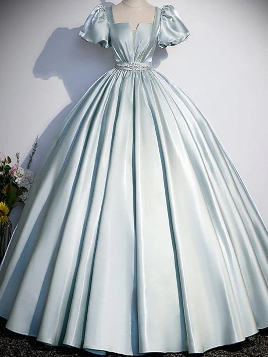 Ball-Gown Square Short Sleeves Rhinestone Floor-Length Satin Corset Prom Dress