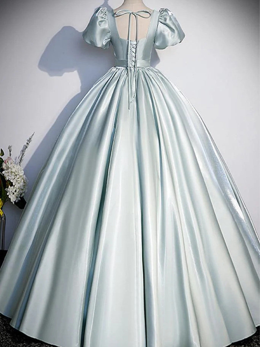 Ball-Gown Square Short Sleeves Rhinestone Floor-Length Satin Corset Prom Dress