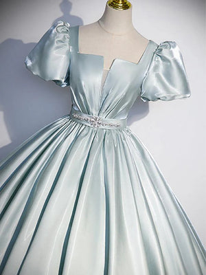 Ball-Gown Square Short Sleeves Rhinestone Floor-Length Satin Corset Prom Dress