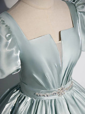 Ball-Gown Square Short Sleeves Rhinestone Floor-Length Satin Corset Prom Dress