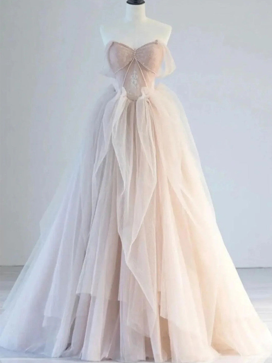 A-line Off-the-Shoulder Ruffles Floor-Length Tulle Corset Prom Dress