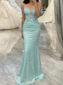 Sheath Spaghetti Straps Appliques Lace Sweep Train Prom Dress