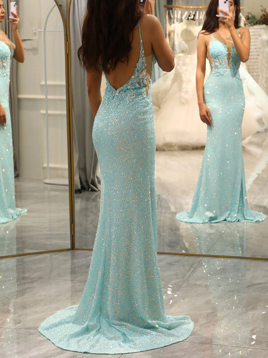 Sheath Spaghetti Straps Appliques Lace Sweep Train Prom Dress