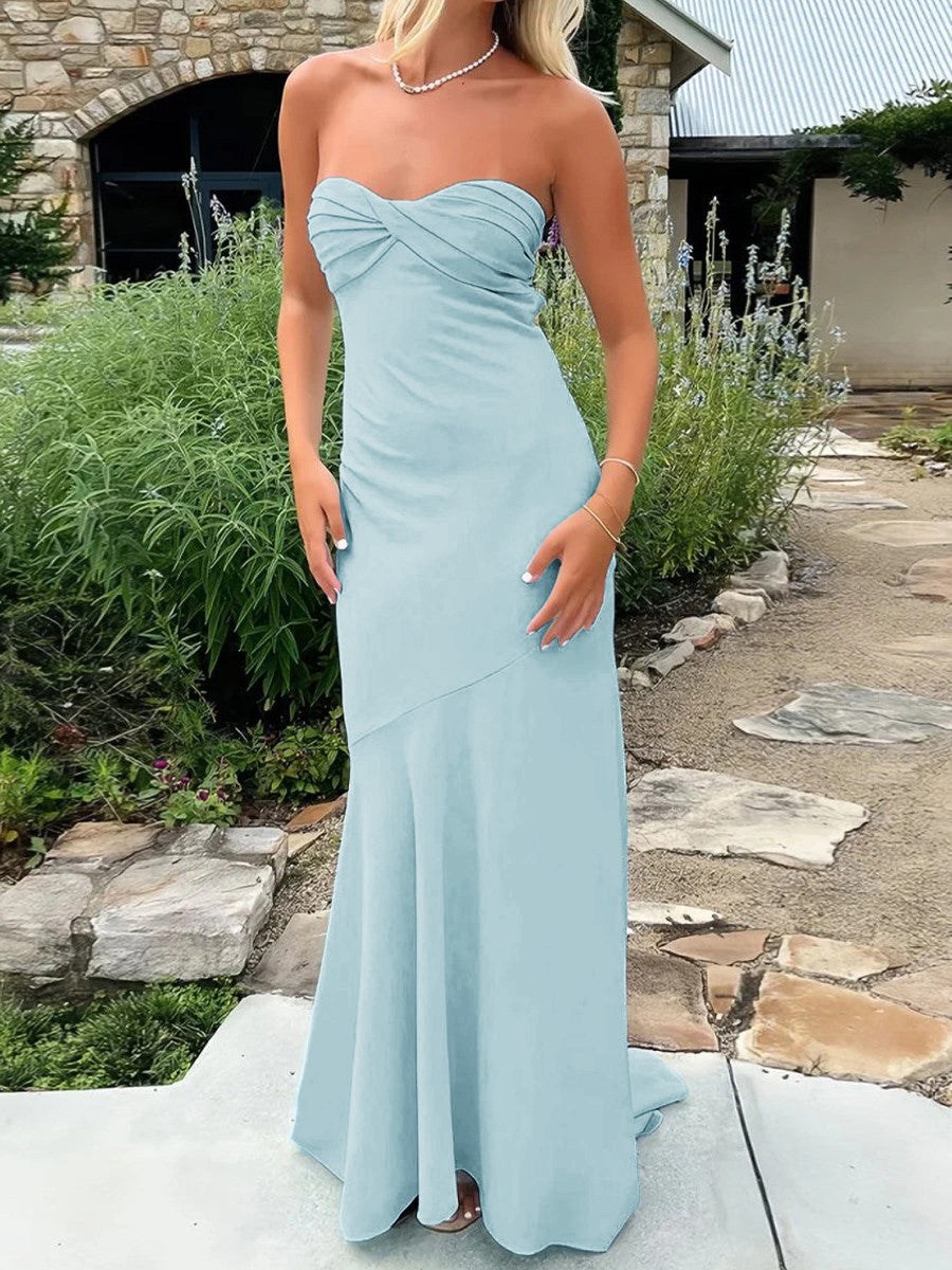 Sheath Sweetheart Pleated Sweep Train Stretch Crepe Prom Dress
