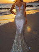Mermaid Spaghetti Straps Court Train Sequins Prom Dress
