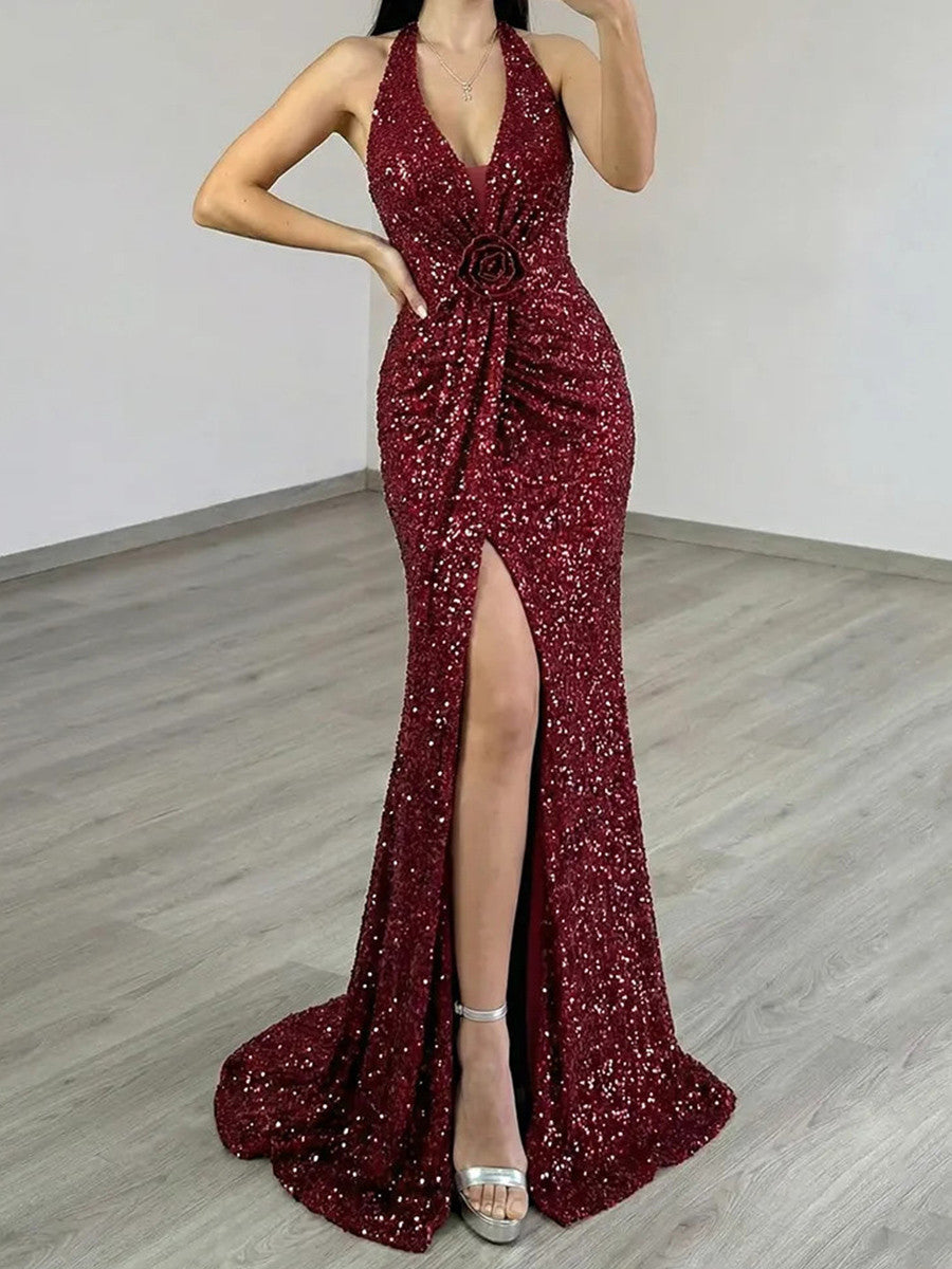 Sheath Halter Flower Court Train Velvet Sequins Prom Dress