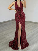 Sheath Halter Flower Court Train Velvet Sequins Prom Dress
