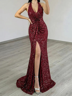 Sheath Halter Flower Court Train Velvet Sequins Prom Dress