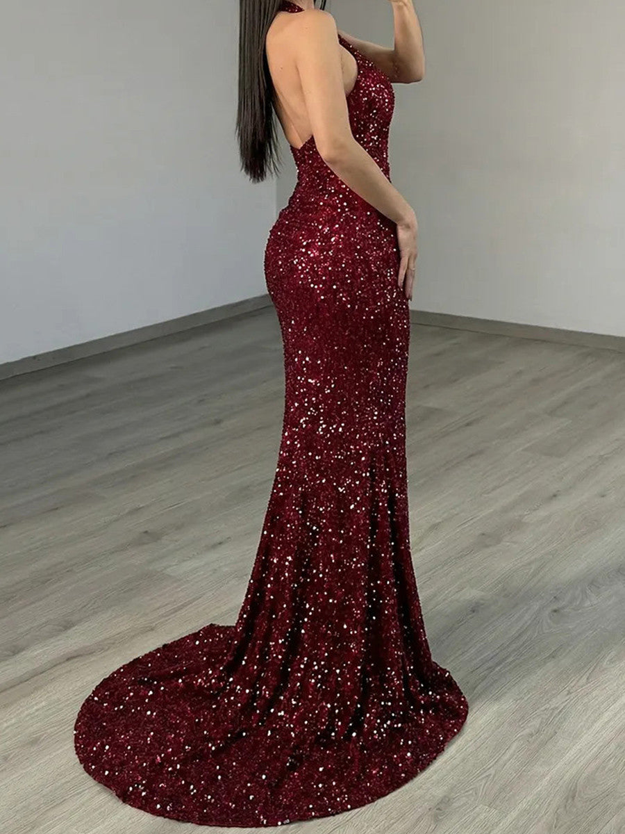 Sheath Halter Flower Court Train Velvet Sequins Prom Dress