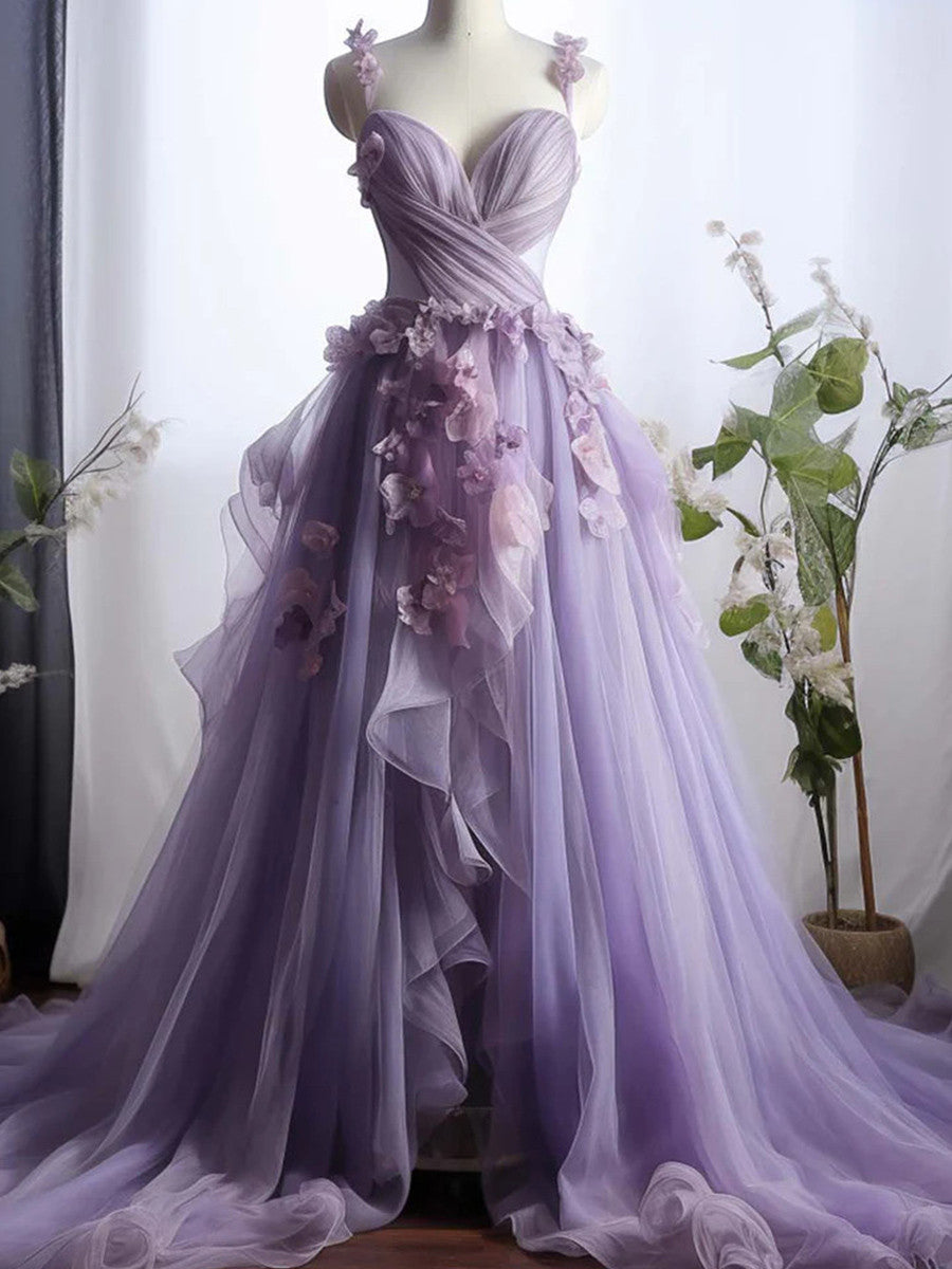 A-line Spaghetti Straps Flower Chapel Train Tulle Prom Dress