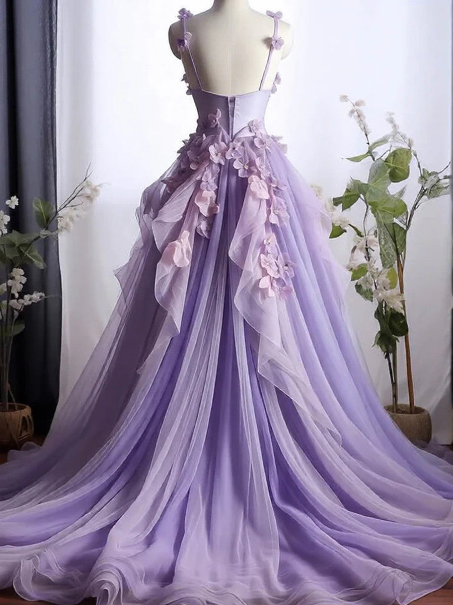 A-line Spaghetti Straps Flower Chapel Train Tulle Prom Dress