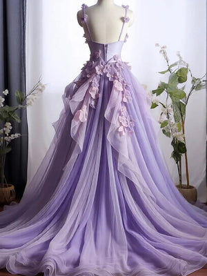 A-line Spaghetti Straps Flower Chapel Train Tulle Prom Dress