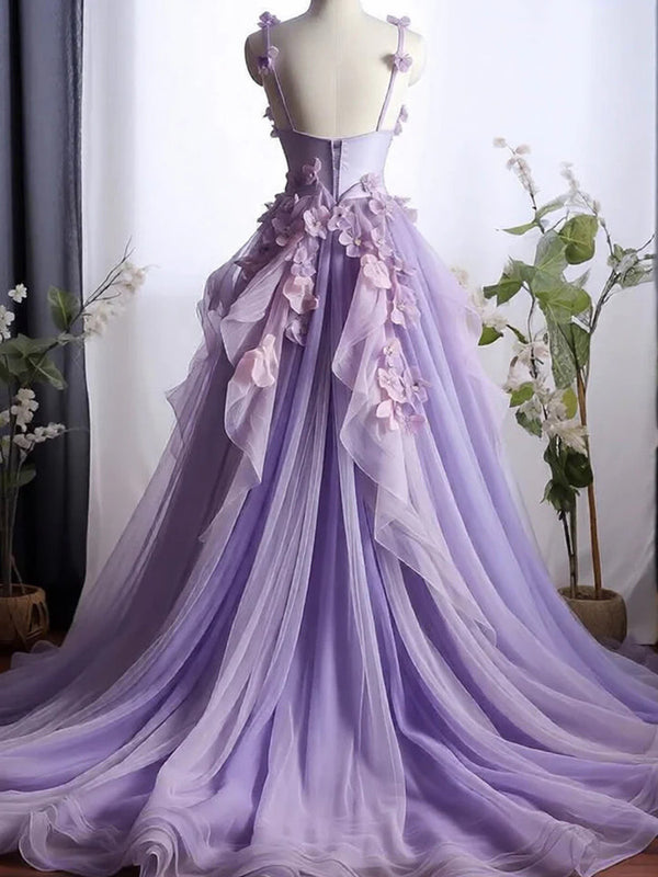 A-line Spaghetti Straps Flower Chapel Train Tulle Prom Dress