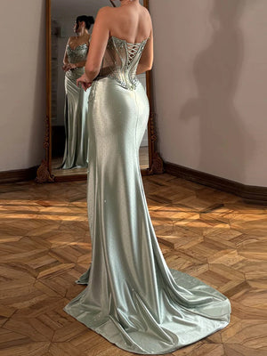 Sheath Sweetheart Appliques Lace Court Train Prom Dress