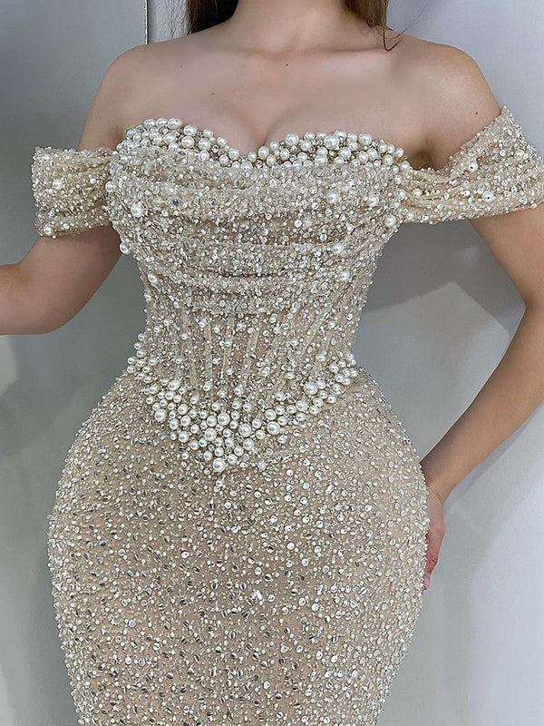 Sheath Off-the-Shoulder Sequin Sweep Train Corset Prom Dress