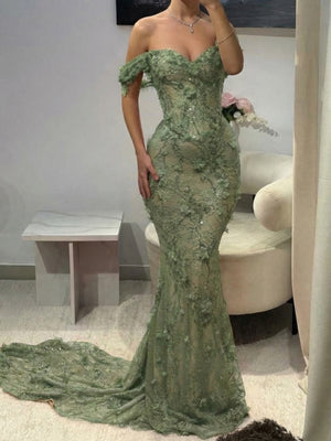 Mermaid Off-the-Shoulder Flower Chapel Train Lace Prom Dress