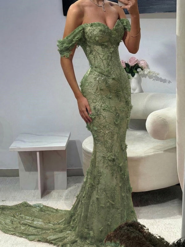 Mermaid Off-the-Shoulder Flower Chapel Train Lace Prom Dress