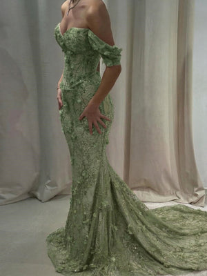Mermaid Off-the-Shoulder Flower Chapel Train Lace Prom Dress